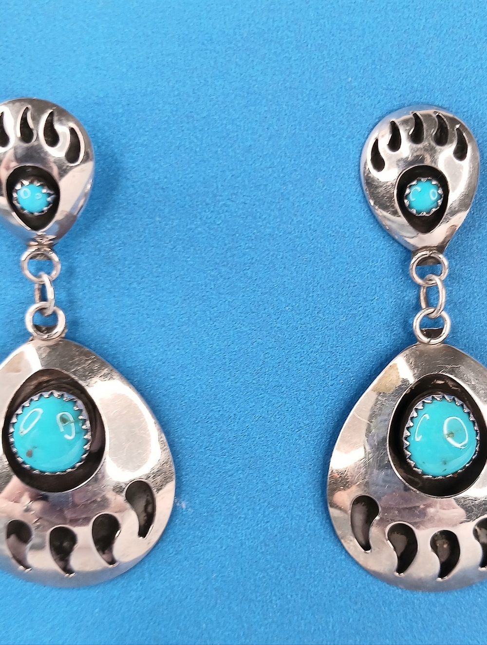 Vintage Earrings Sterling Navajo Turquoise Dangle Post Bear Claw Long 2-1/4"